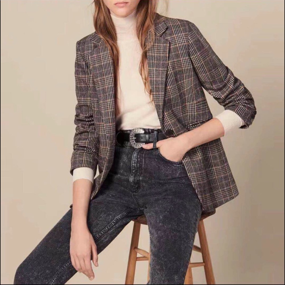 Sandro checked wool blazer women NWOT plaid brown